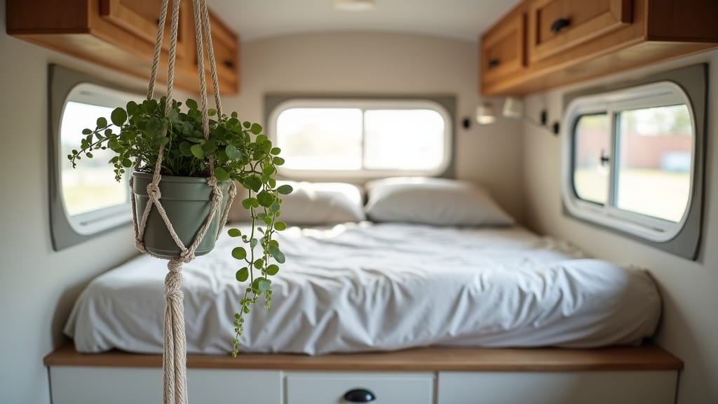 Camper interior with monstera plant in corner