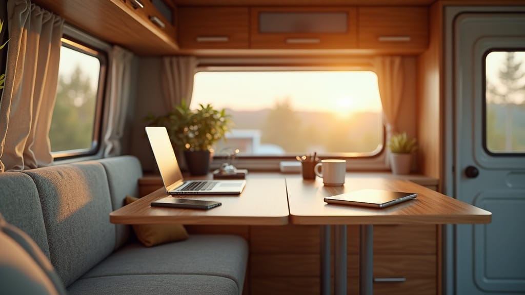 Camper interior with fold-down Murphy desk mounted on wall
