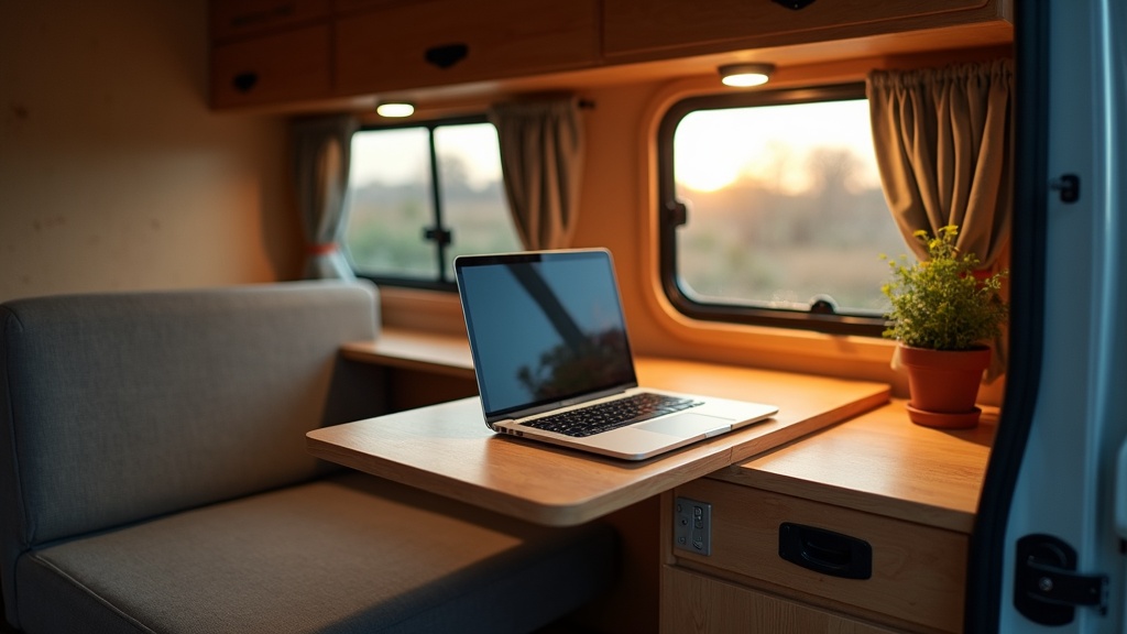 DIY camper van folding workspace with monitor shelf