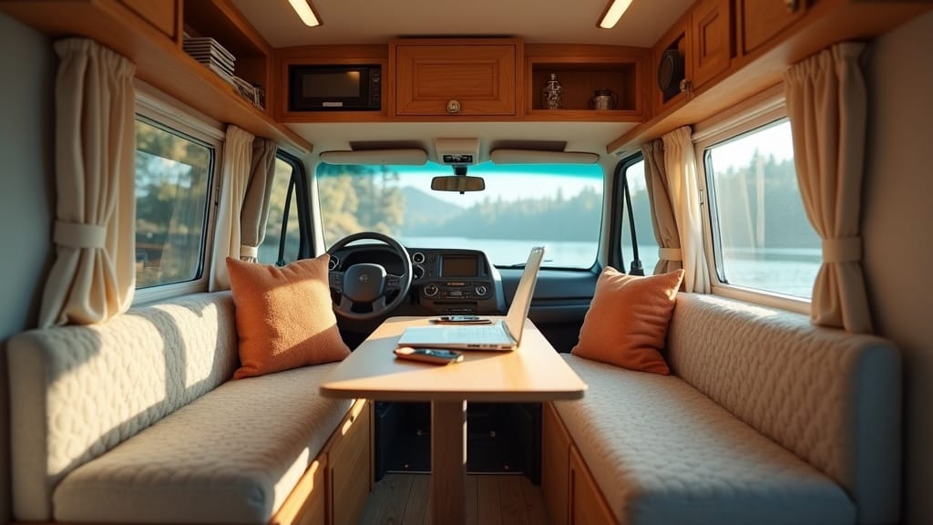 Camper van work nook with floating fold-down table
