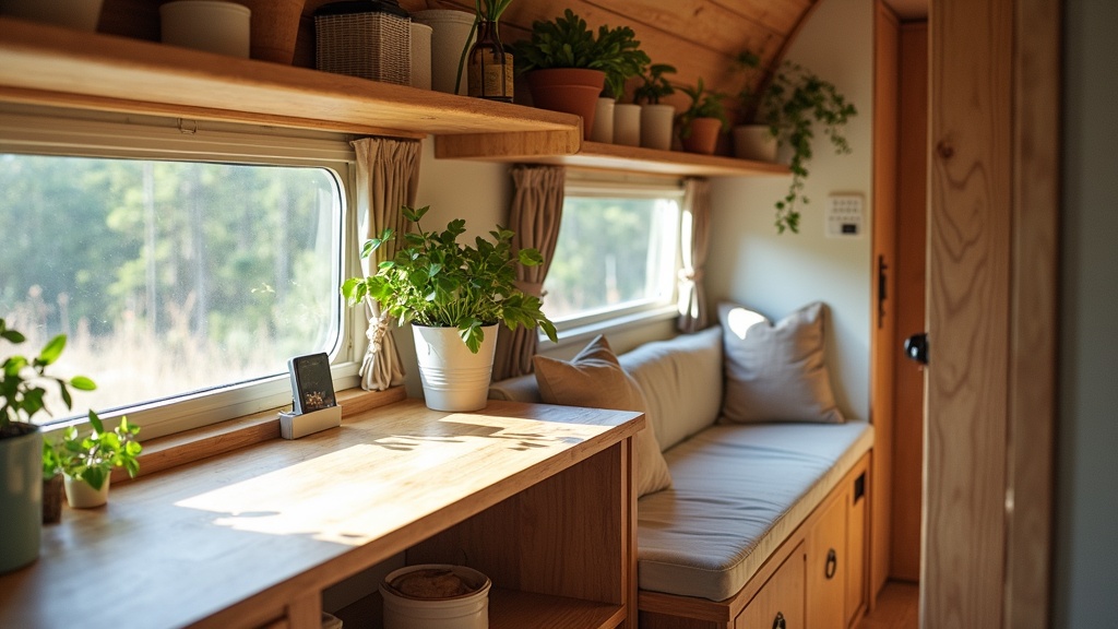 Renovated camper with built-in fold-out desk by window