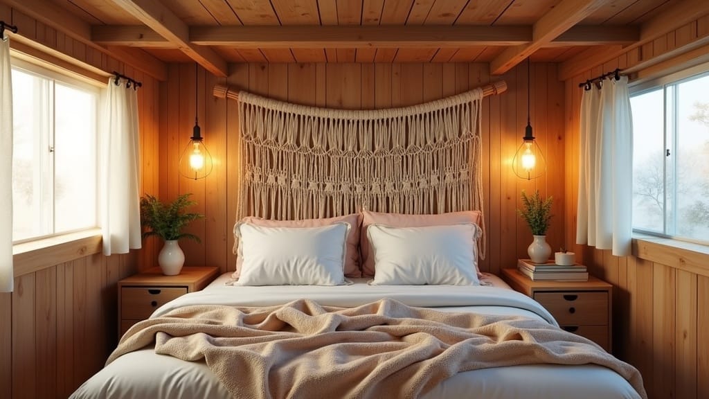 Renovated camper bedroom with macrame woven headboard