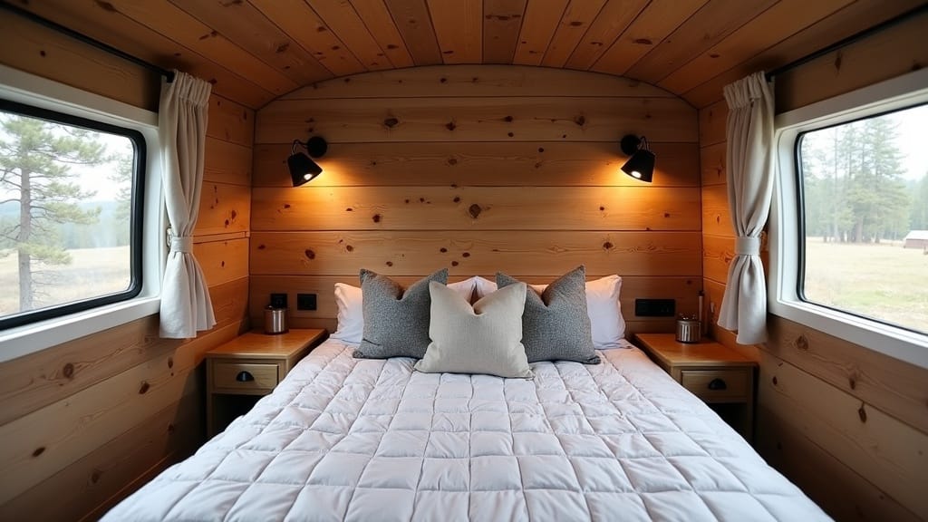 DIY camper van headboard made from reclaimed wood planks