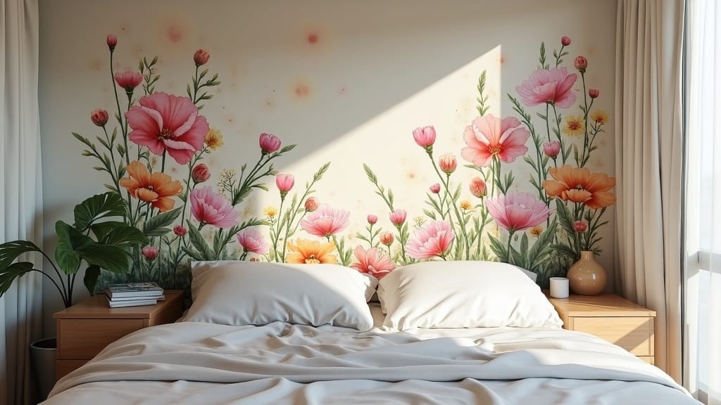 Compact camper bed with painted mural headboard in watercolor florals