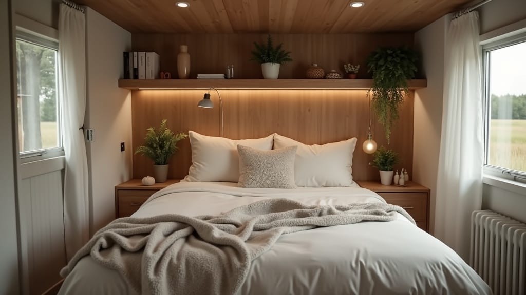 Camper sleeping area with floating shelf headboard