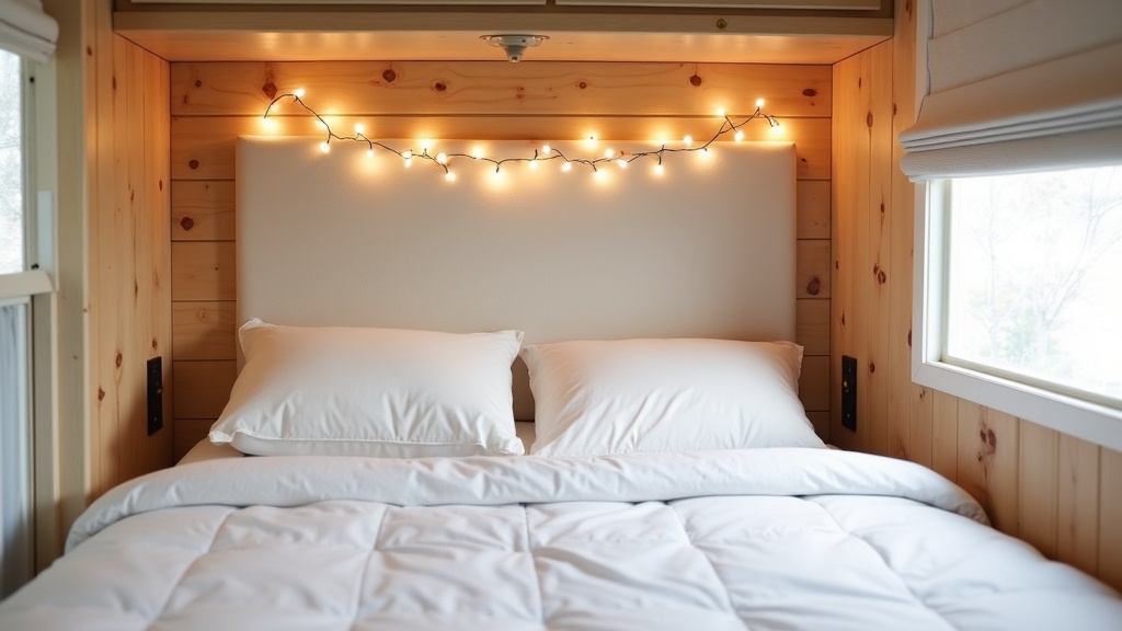 Camper bed with DIY upholstered tufted headboard in sage green velvet