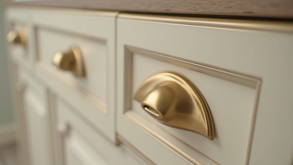 Camper cabinet close-up with new brushed gold handles replacing old ones