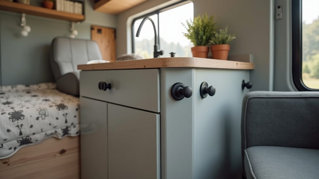 DIY camper van hardware swap to matte black pulls and knobs