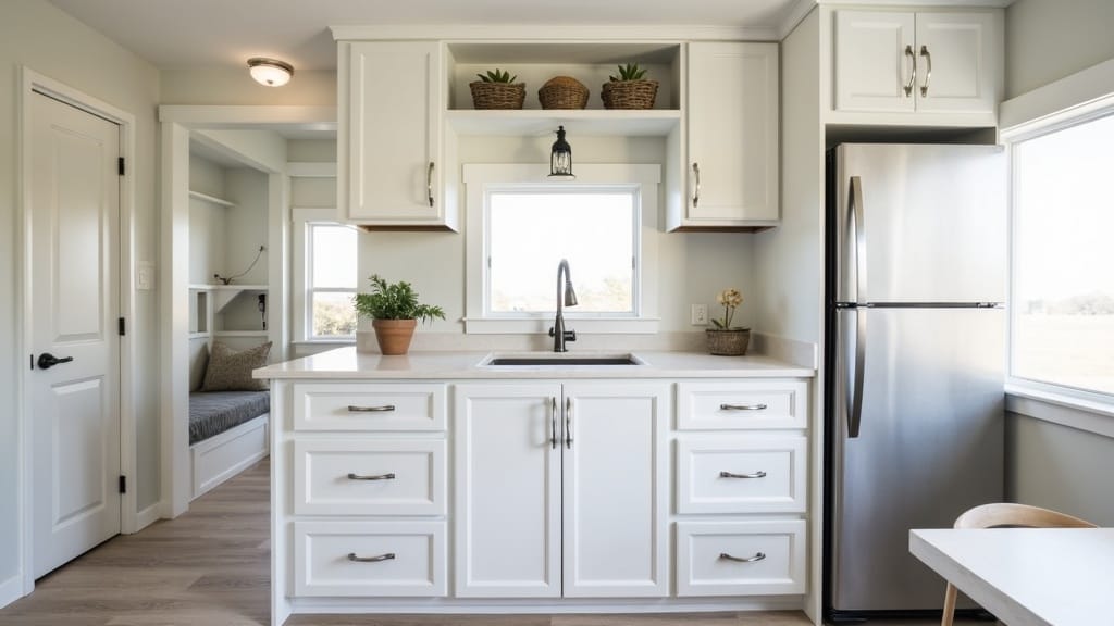 Renovated camper kitchen showing new satin nickel hardware on all cabinets and d