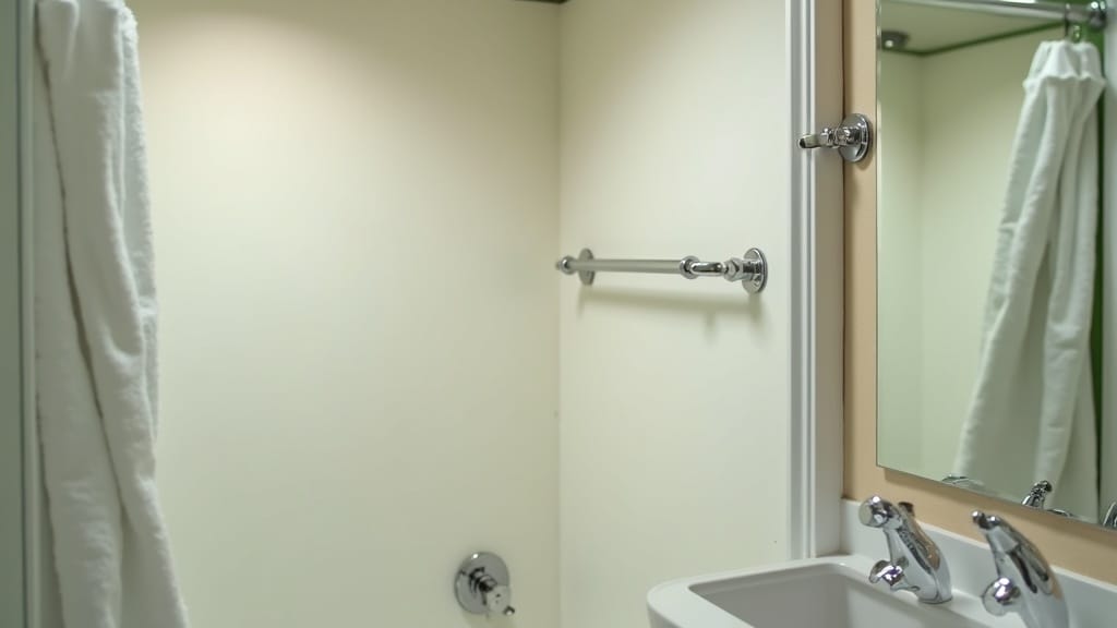 Camper bathroom with new chrome hardware fixtures