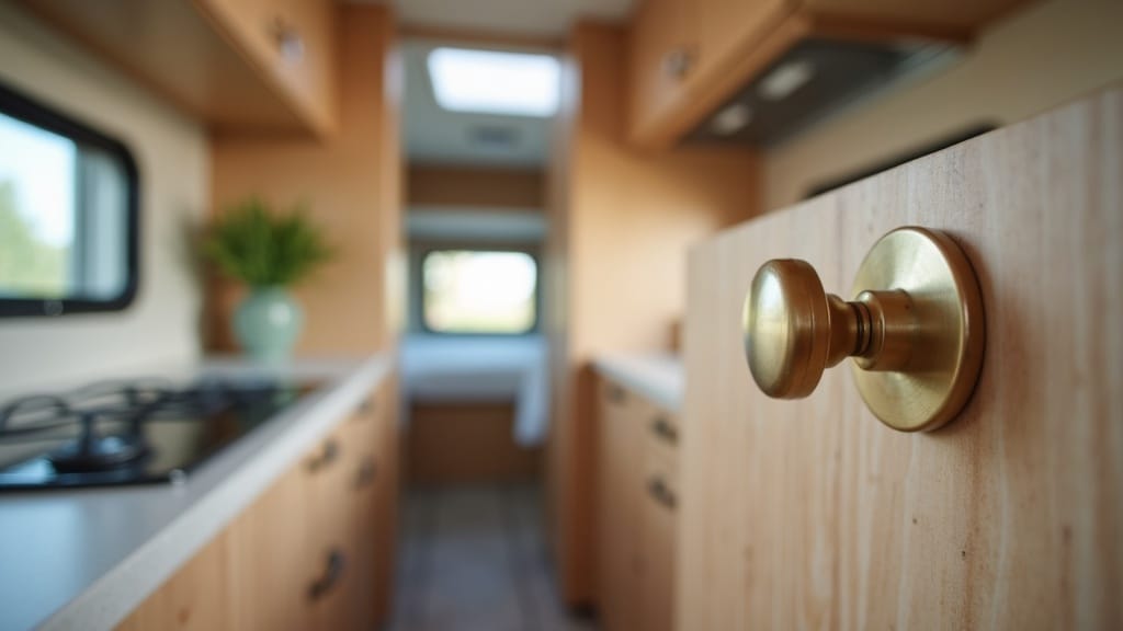Camper interior detail shot of new antique brass vintage-style hardware