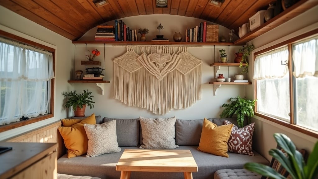Renovated camper living space with handmade macrame wall art