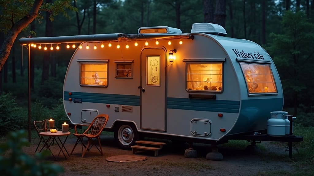 Compact camper with personalized name sign above door