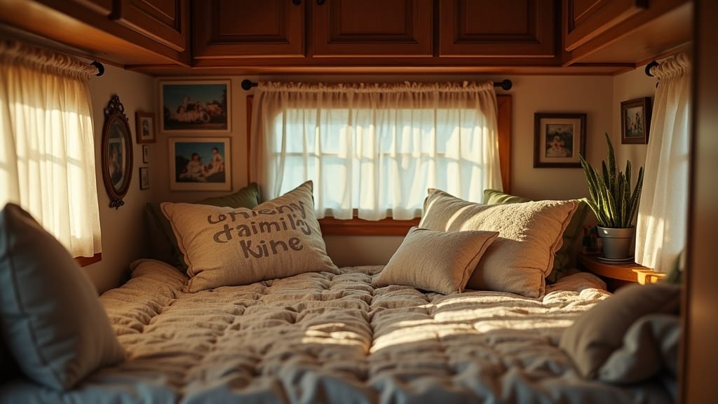 Camper interior with custom pillow covers