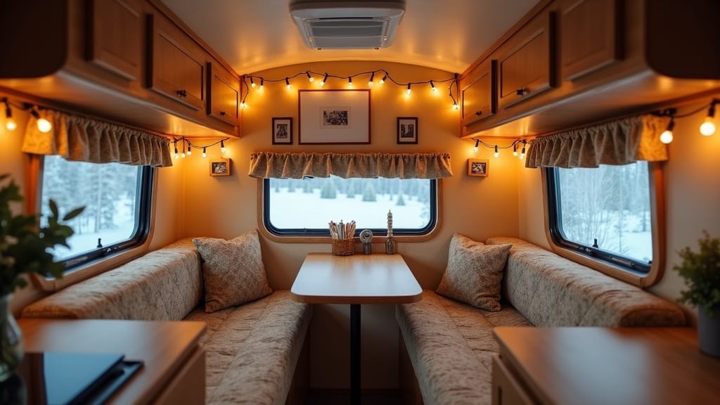 Cozy camper interior with personal photo gallery wall