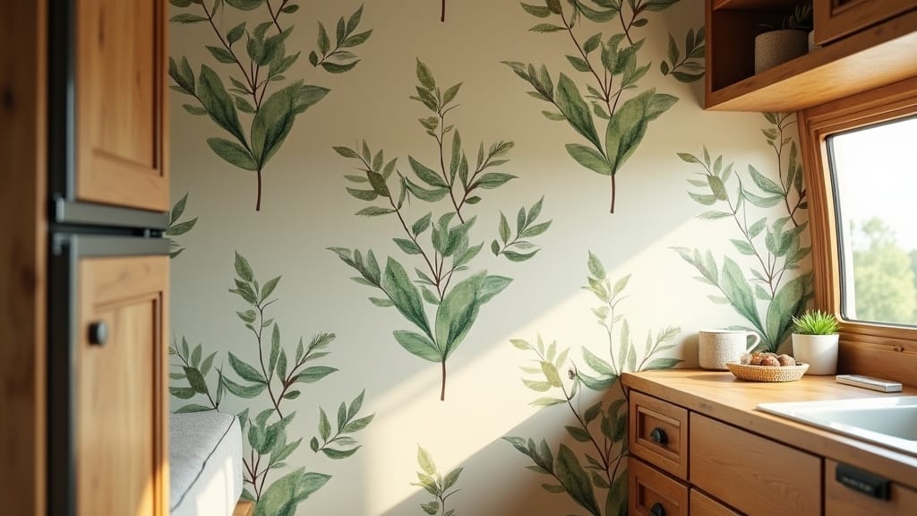 Peel-and-stick botanical wallpaper camper