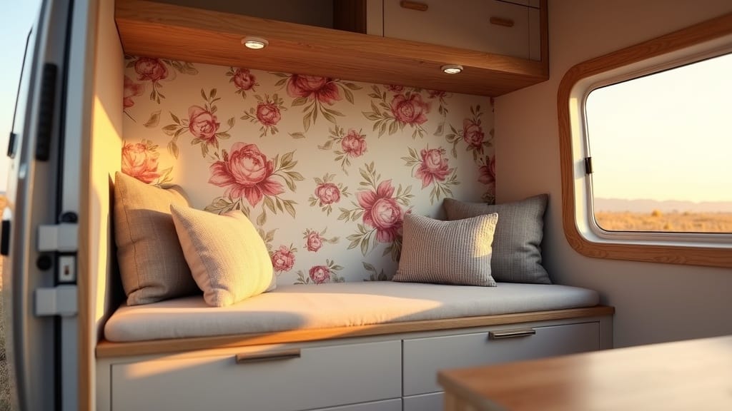 Floral wallpaper accent wall in camper