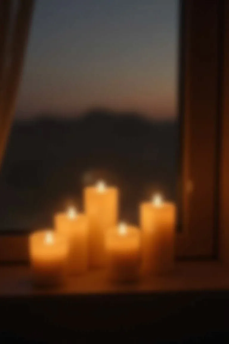 LED flameless ivory pillar candles on small camper windowsill, soft amber flickering glow