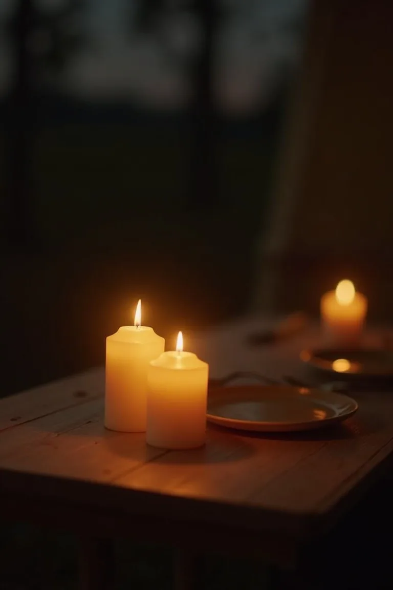 Battery operated flameless taper candles on camper fold-out dining table, warm intimate light