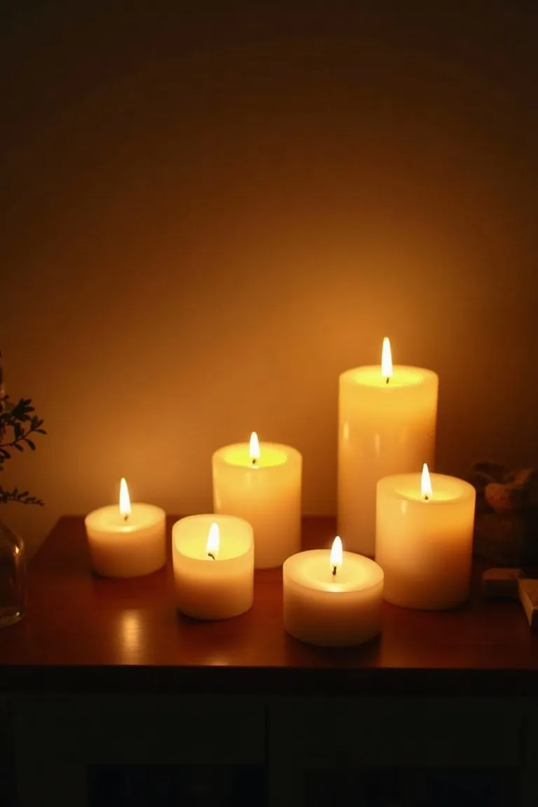 Assorted LED pillar and tea light candles on camper wooden shelf, golden candlelight ambiance