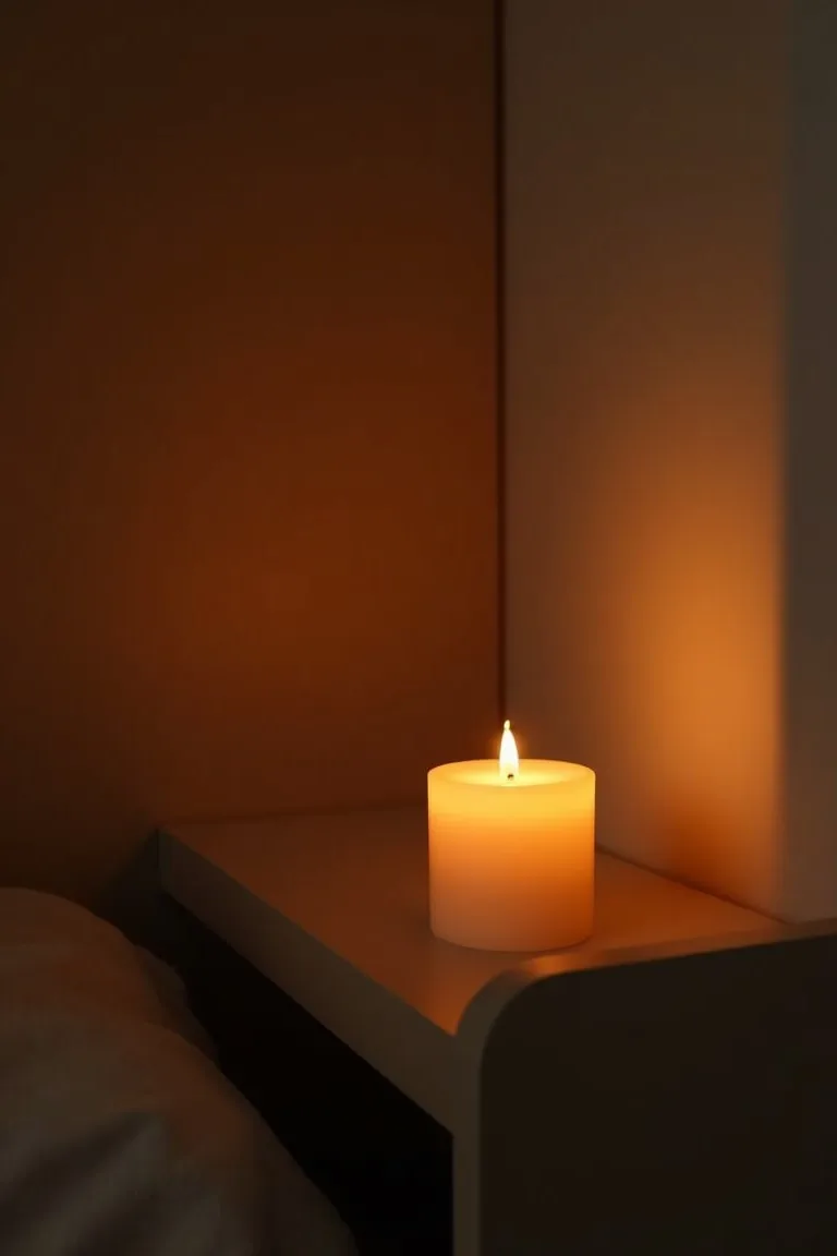 Single LED wax pillar candle on narrow camper bedside shelf, warm amber flame effect