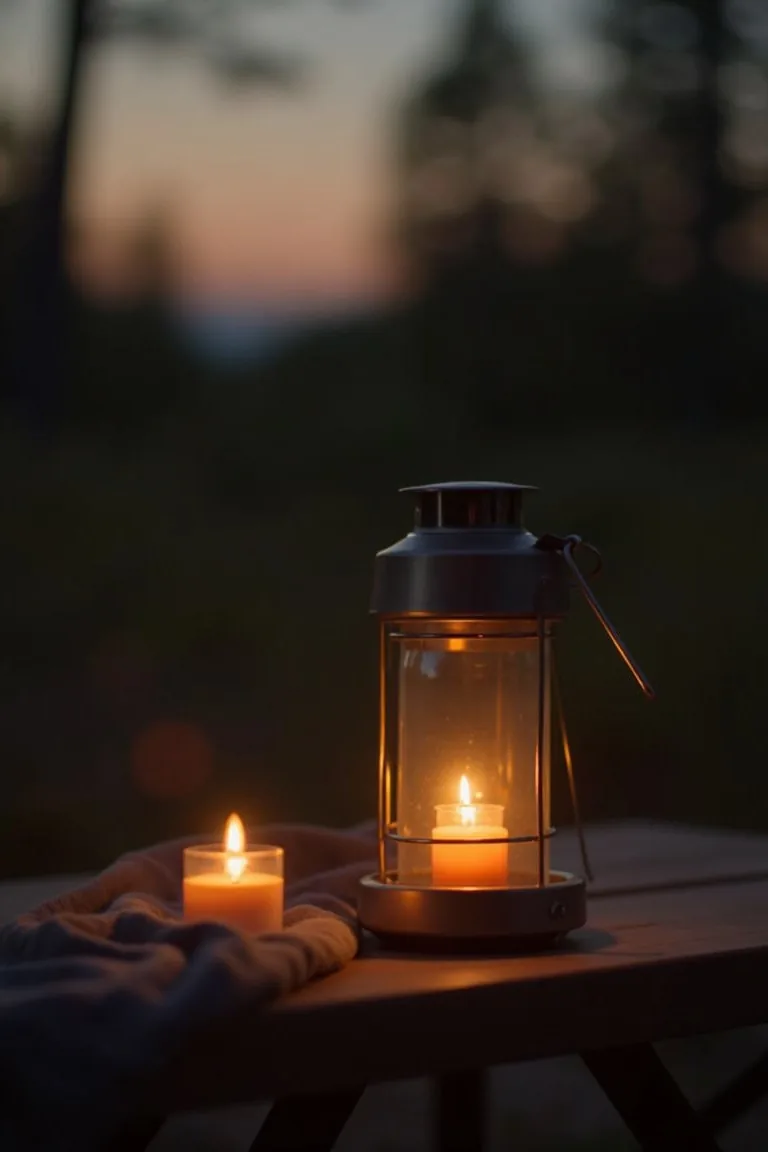 Flameless candles in small metal lantern on camper outdoor table at dusk, camping evening mood