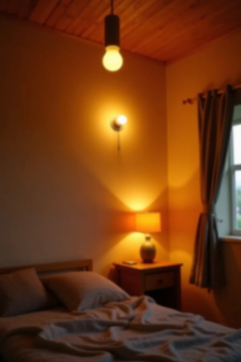 Smart LED bulb in camper bedroom overhead set to warm amber evening mode