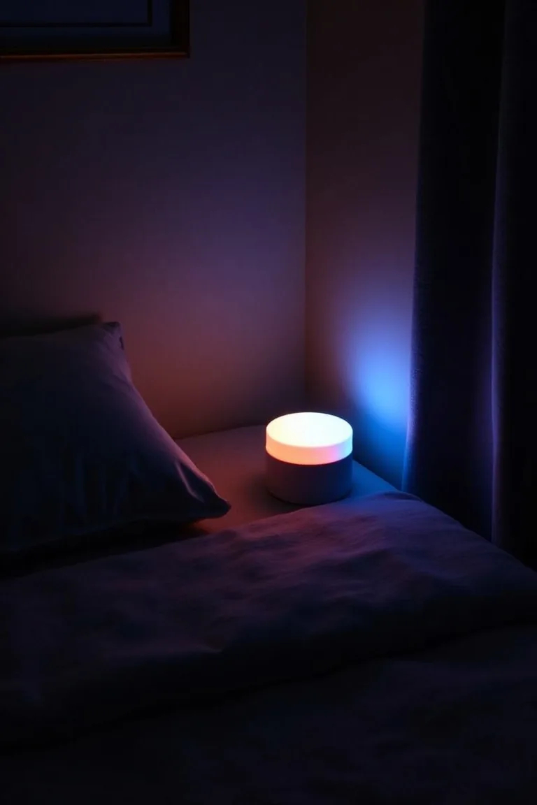 RGB LED corner light casting soft blue glow in small camper for relaxing mood