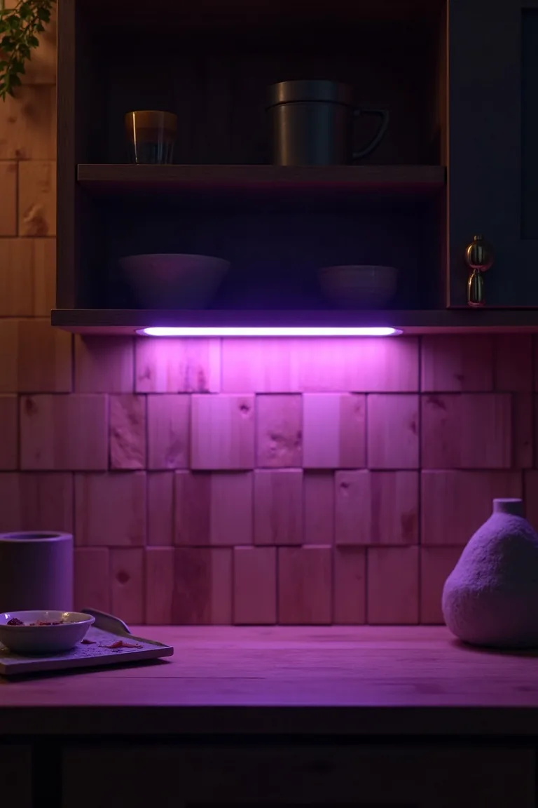 Smart LED strip under camper shelf glowing warm purple for evening mood lighting