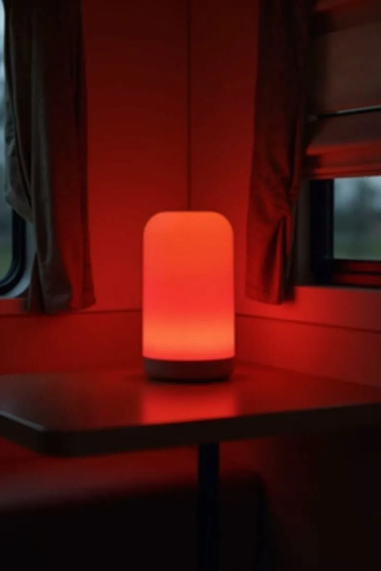 Color-changing LED lamp in camper dinette set to warm red romantic evening mode