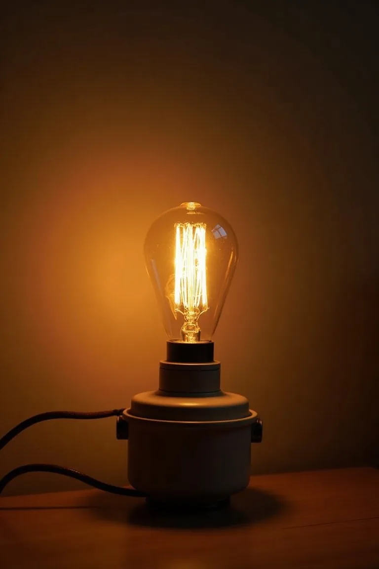 Vintage Edison bulb with exposed amber filament in small camper corner lamp, warm nostalgic glow