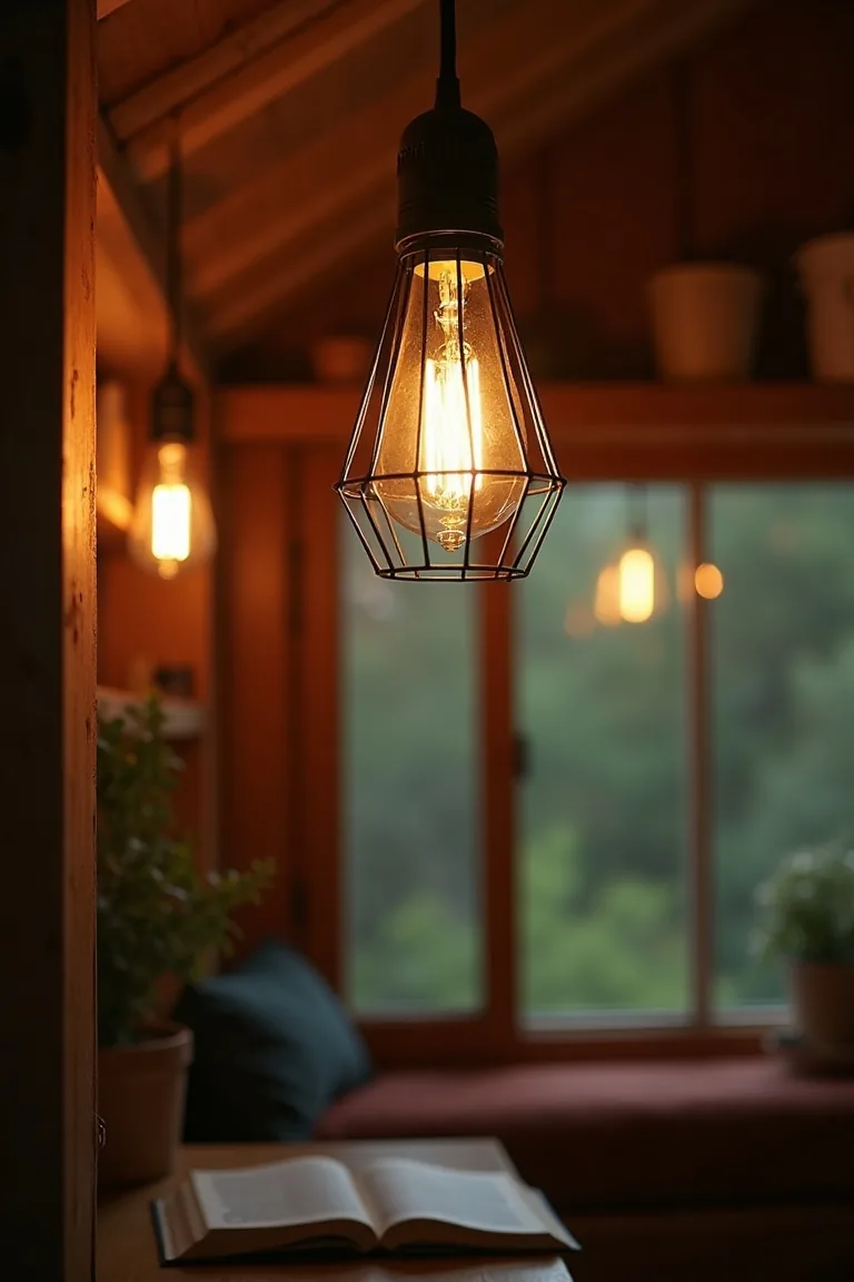 Edison bulb pendant in rustic wire cage hanging in camper reading nook, atmospheric light