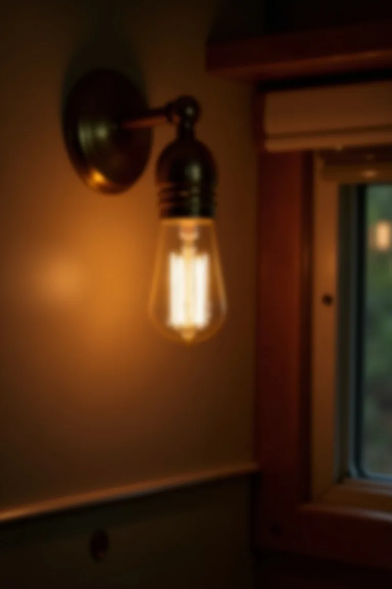 LED Edison style bulb in antique brass wall fixture inside camper, retro warm light