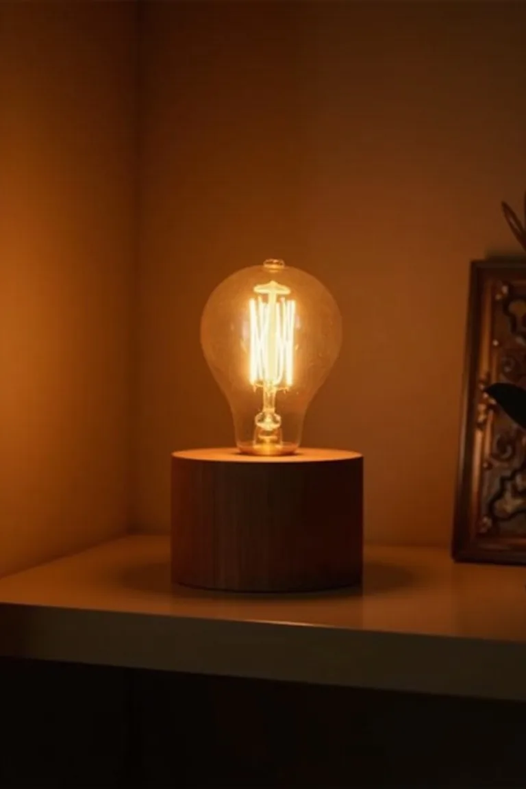 Edison filament bulb in wood base bedside lamp on narrow camper shelf, cozy warm detail