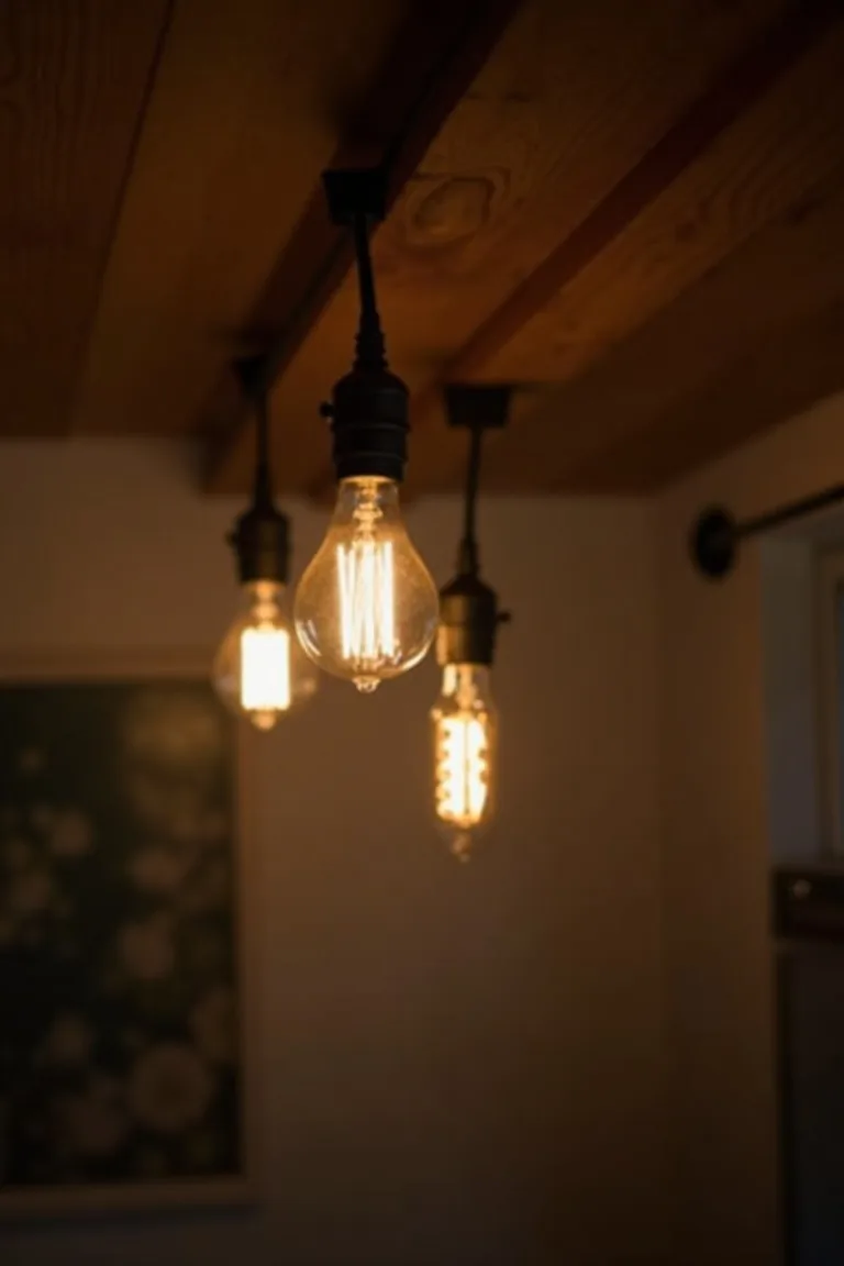 Edison bulb string with industrial hooks in small camper living area, eclectic warm glow