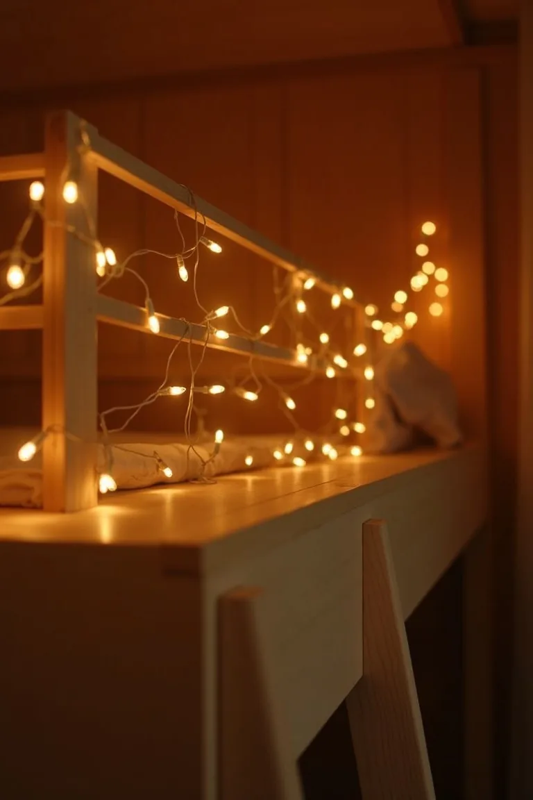 Warm fairy lights draped along camper bunk bed frame, golden twinkling glow