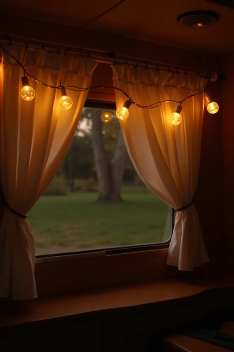 Battery-powered fairy lights around camper window curtain rod, warm amber evening glow
