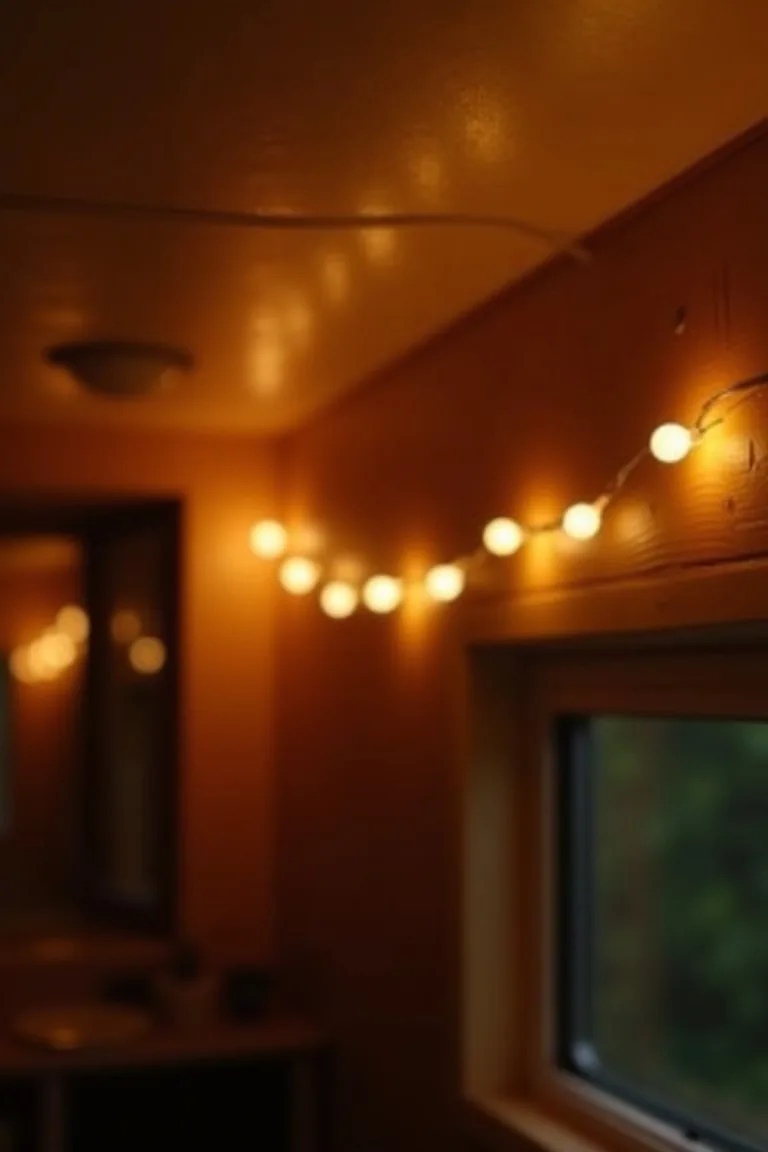 Fairy lights along camper ceiling edge, soft golden warm light on wood paneling