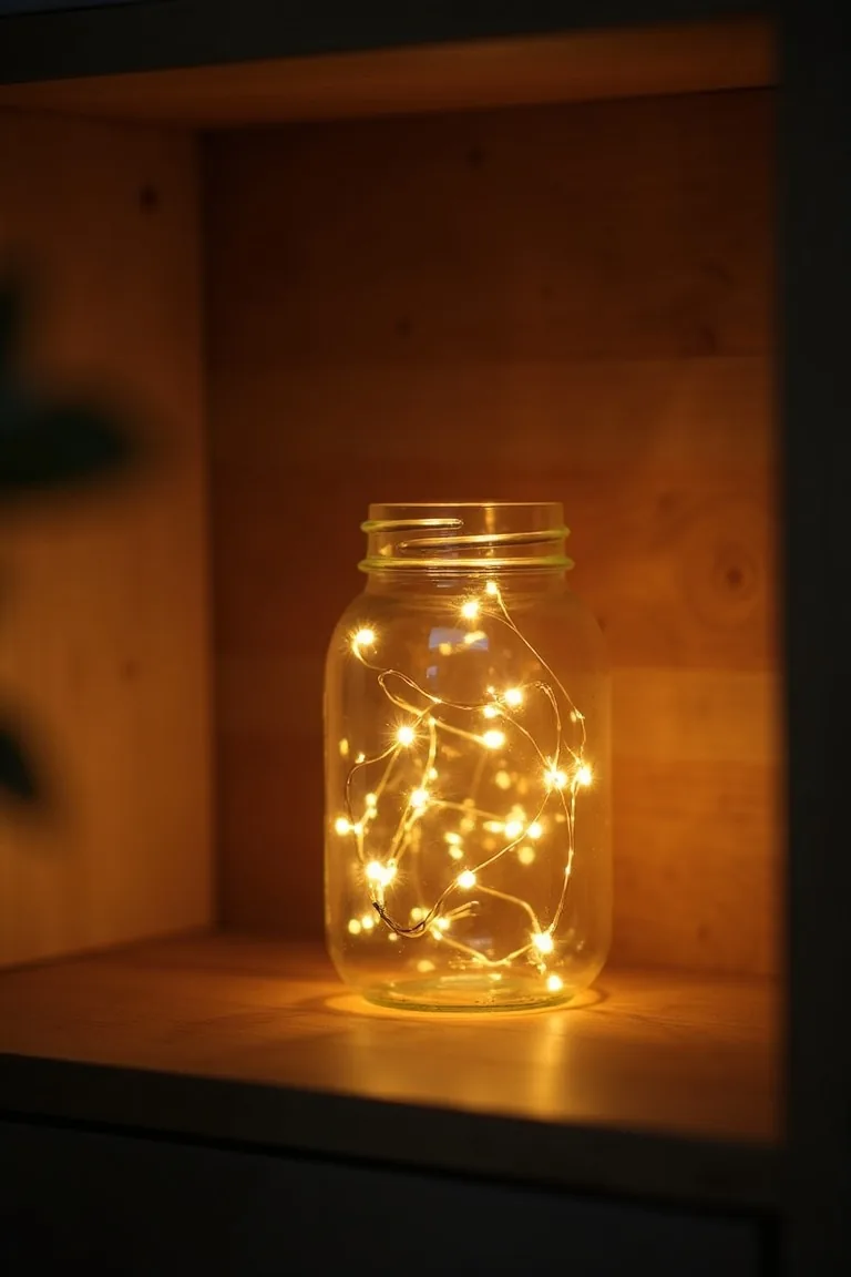Fairy lights glowing in mason jar on small camper shelf, cozy travel detail