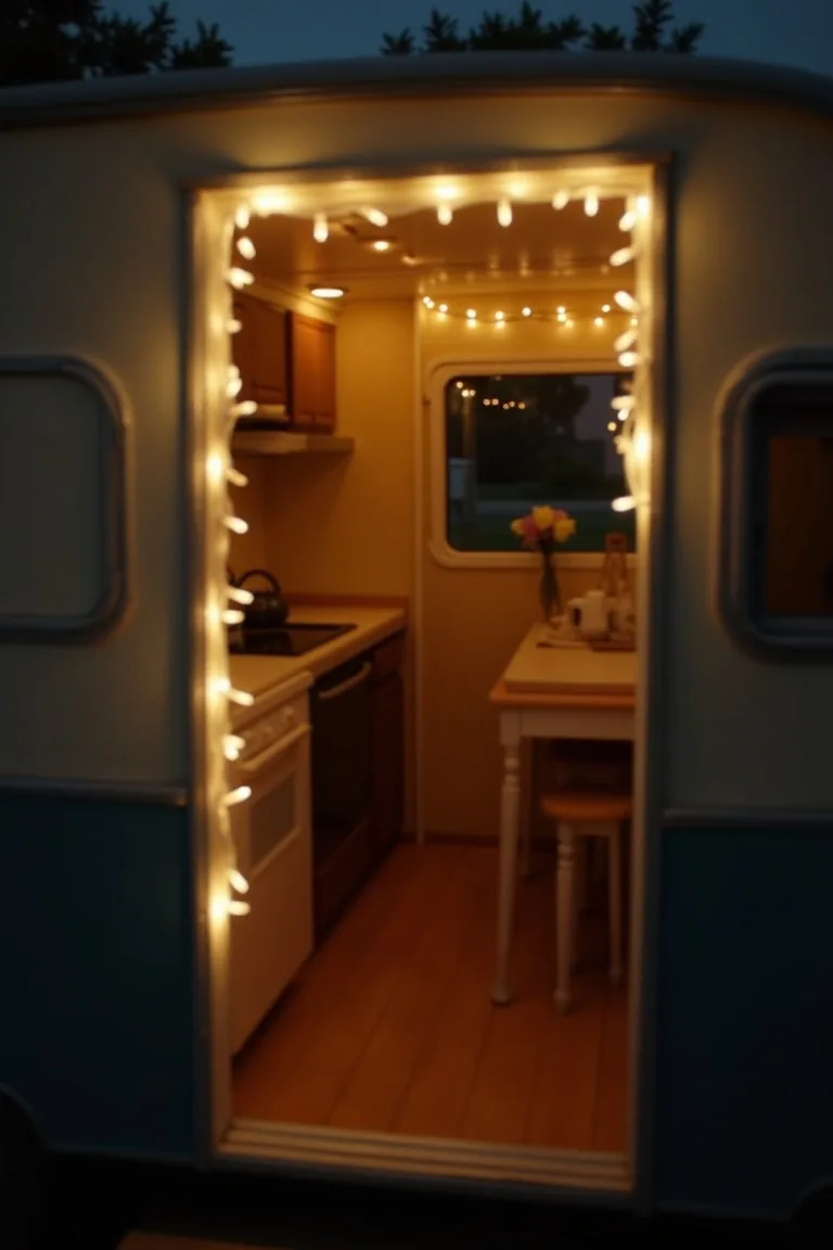 Fairy light garland across camper doorframe interior, soft inviting golden glow
