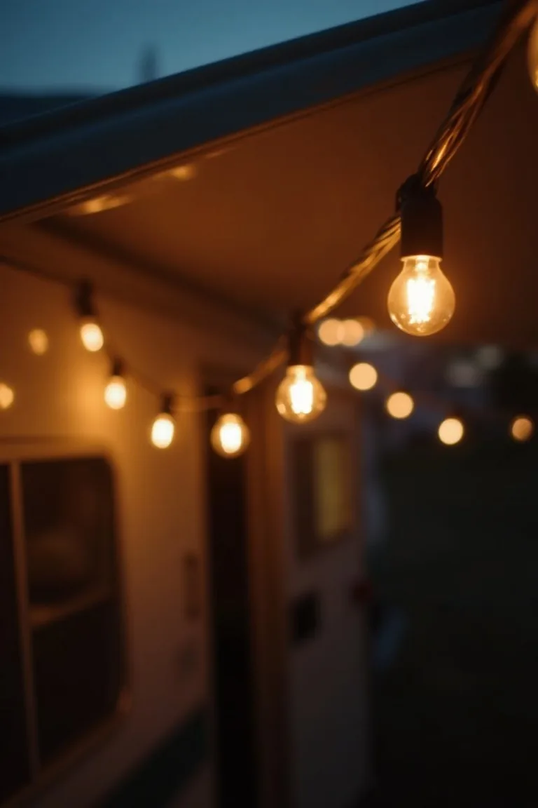 Solar globe string lights over camper awning at dusk, warm outdoor evening glow