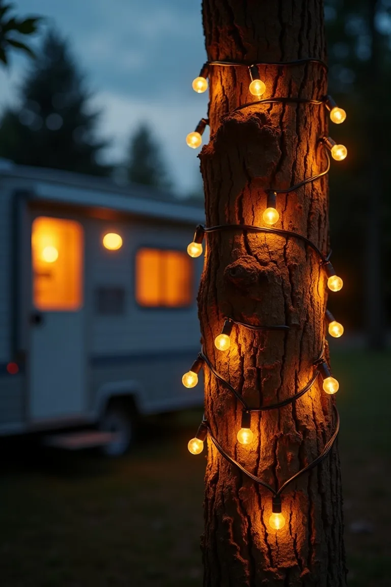 Solar string lights wrapped around tree near camper campsite, warm nature ambiance