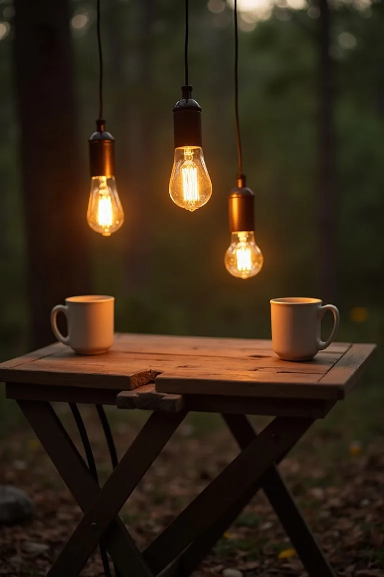 Solar Edison globe bulbs above camp folding table with mugs, outdoor dining glow