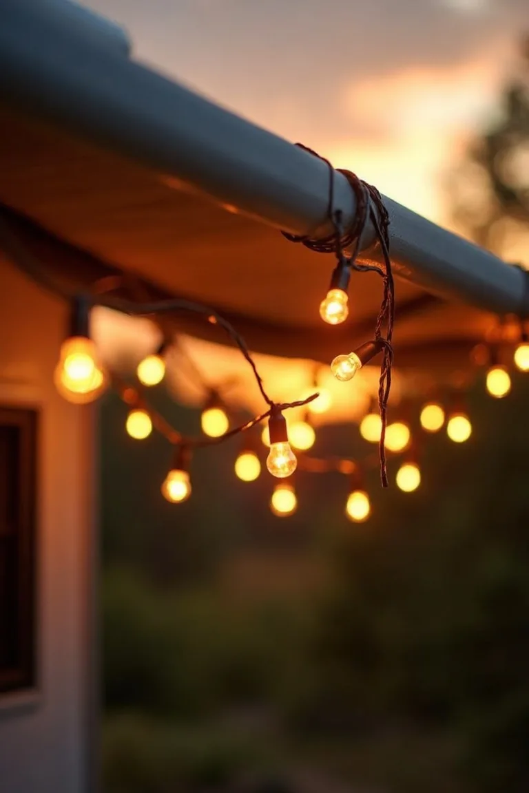 Solar string lights along RV awning at sunset, warm golden camping atmosphere