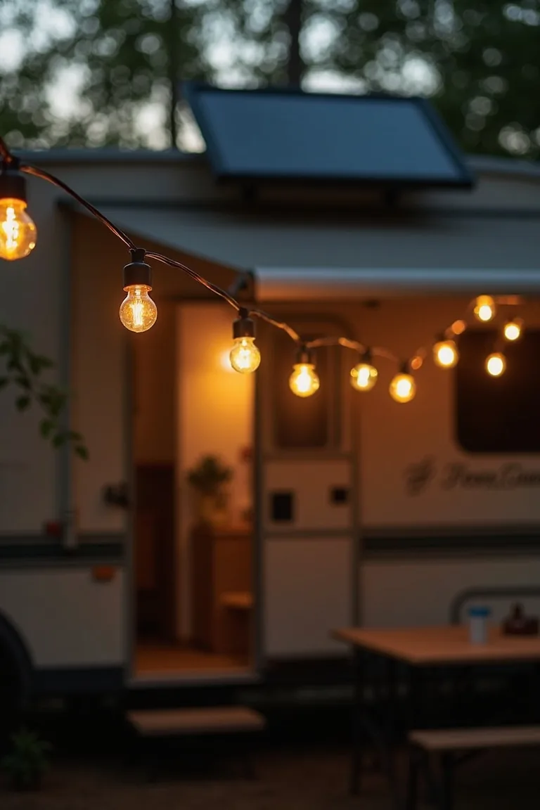 Solar string lights with solar panel on camper roof, eco-friendly setup in daylight