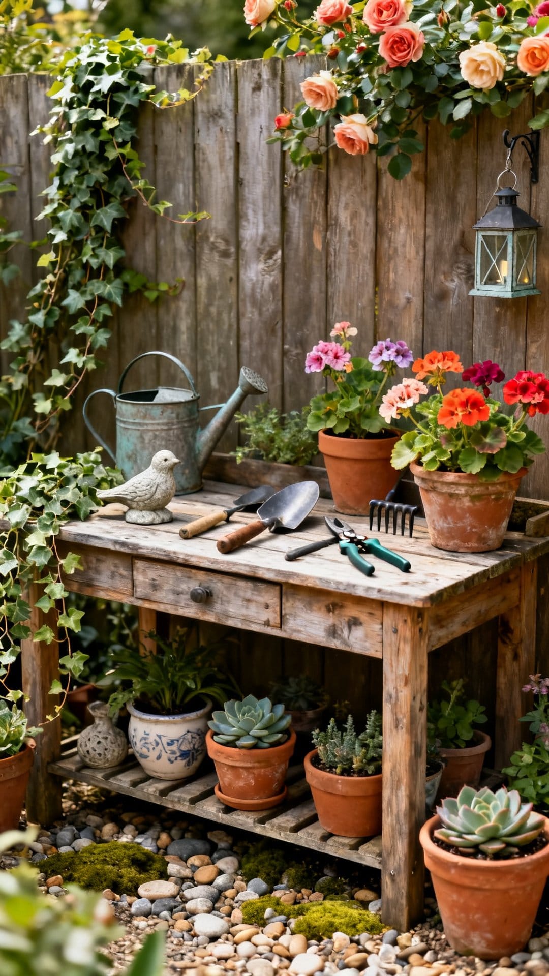 A Potting Bench Styled as a Garden Vignette