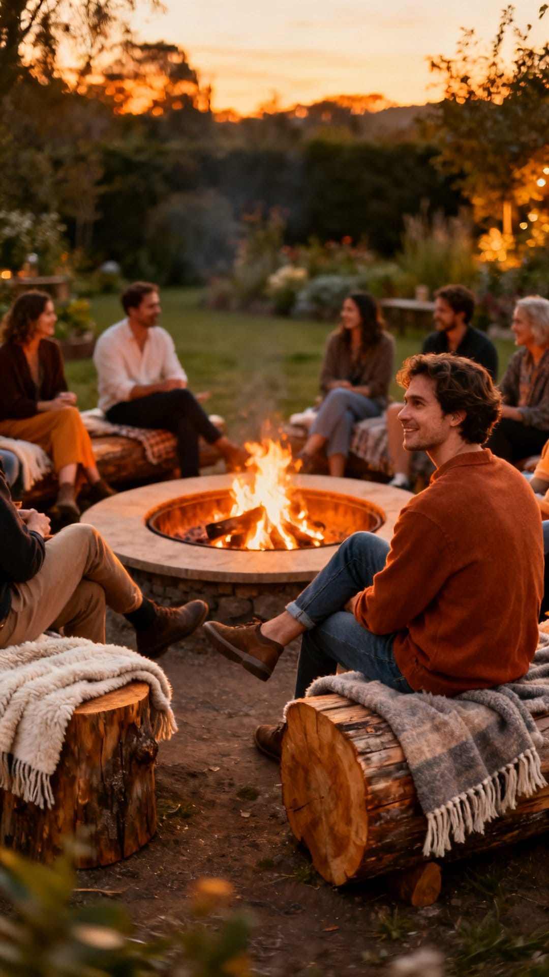 Build a Fire Pit Circle with Log Seats and Wool Blankets
