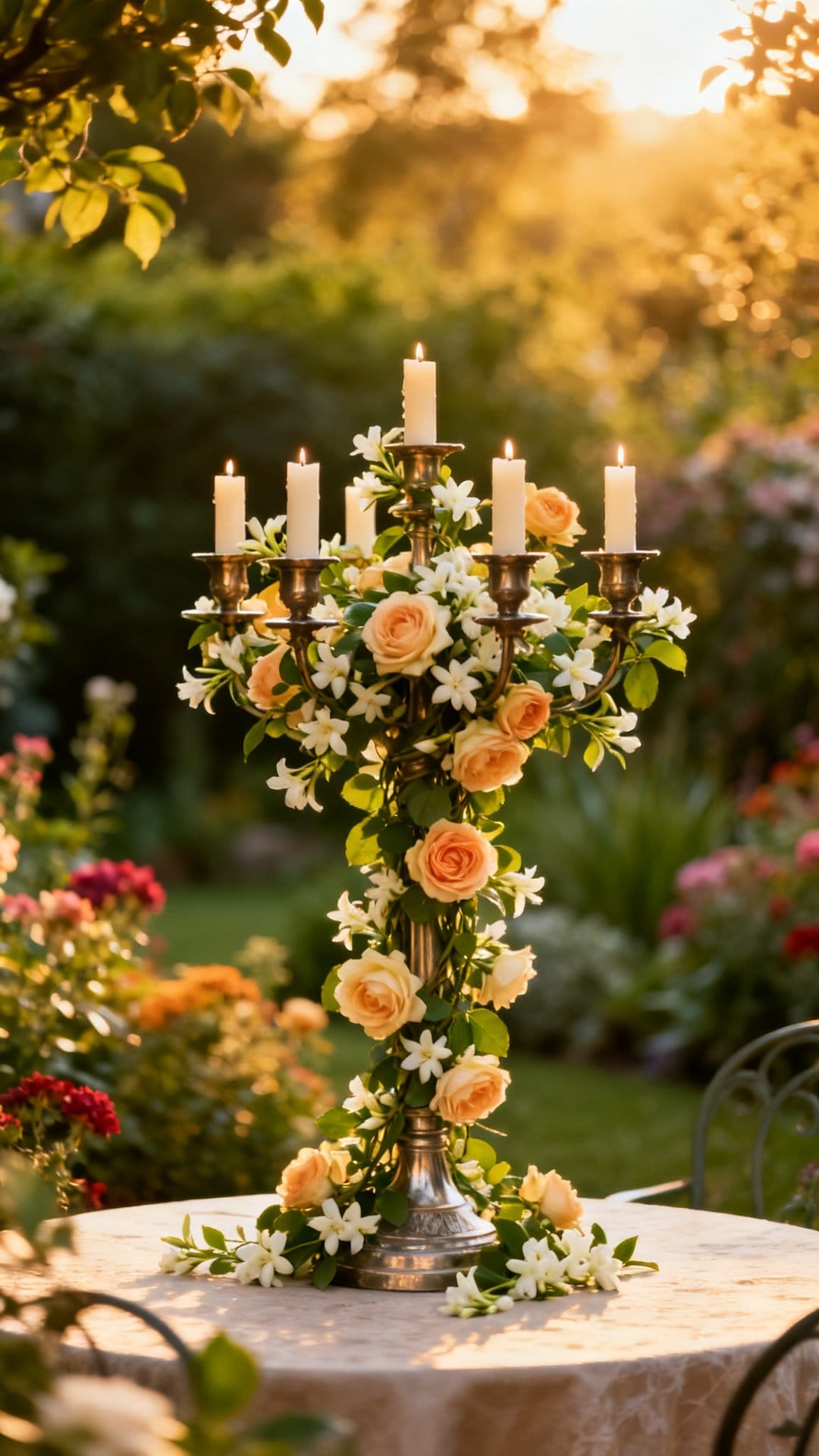 Candelabras Wrapped in Climbing Roses or Jasmine