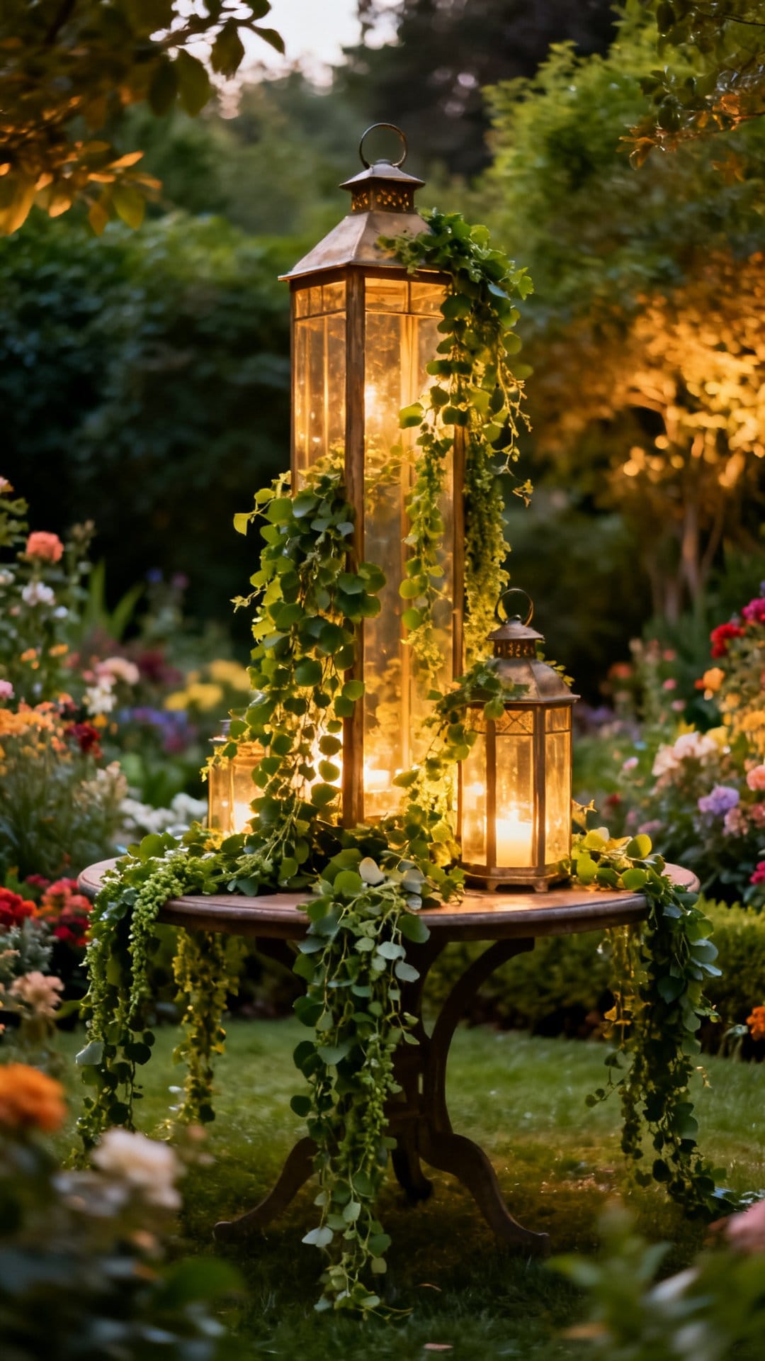 Candle-Lit Lantern Centerpieces with Trailing Greenery