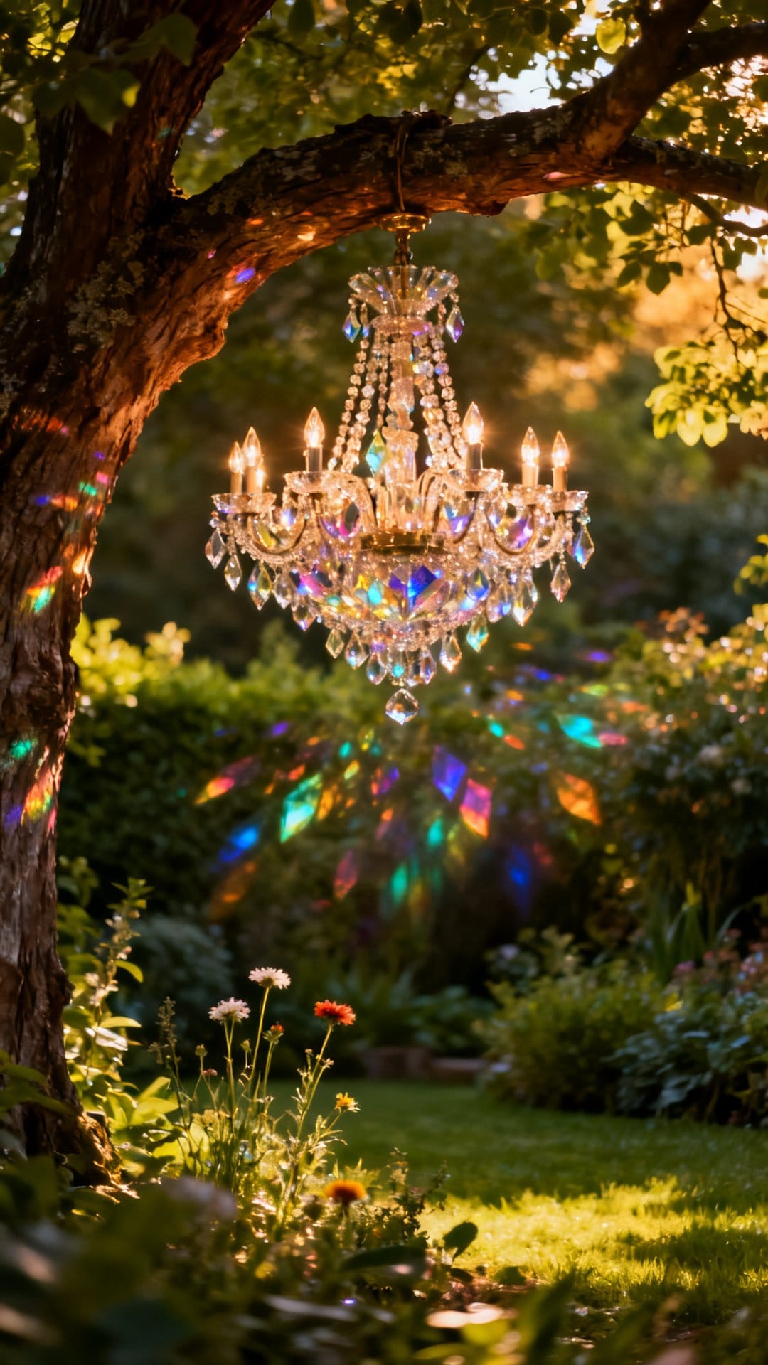 Candlelit Chandeliers Suspended from Tree Branches